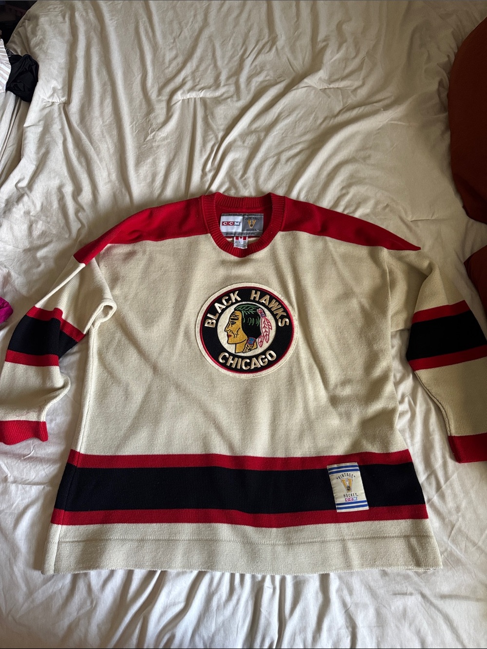 CCM Chicago Blackhawks Cream, Red & Black Hockey Jersey